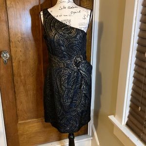 Beautiful Kay Unger, one shoulder brocade cocktail dress. Size 14.